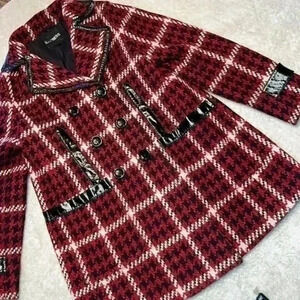 Express Red Black Houndstooth Plaid Coat Faux Leather Trim Size Medium